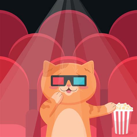 Cute ginger cat in 3d glasses sitting in movie theater and eating