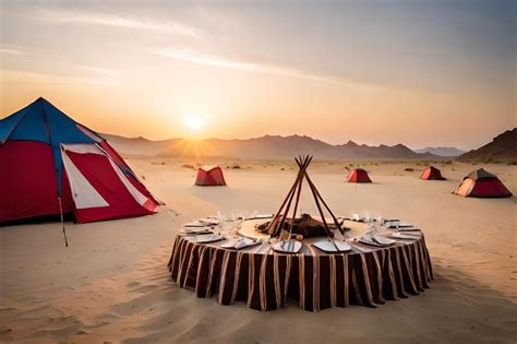 Premium AI Image | a tent set up in the desert with a tent and table cloth.