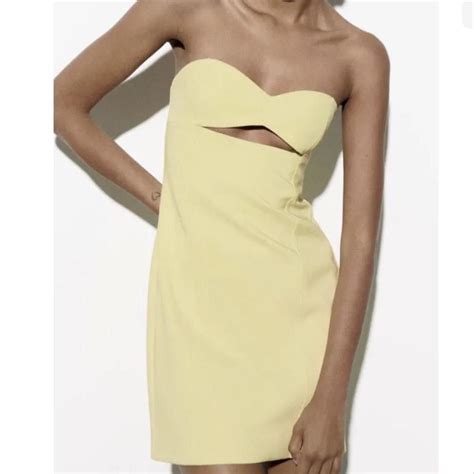 zara yellow strapless dress size 6 worn once perf... - Depop