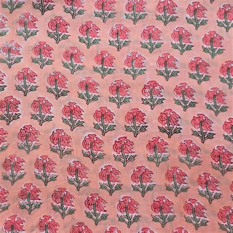 pure cotton jaipuri peach  pink flower motif hand block print fabr