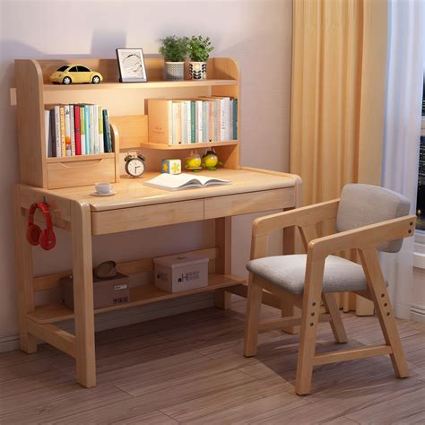 Adjustable Home Kids Desk Wood Writing Desk and Chair with Bookshelf ...