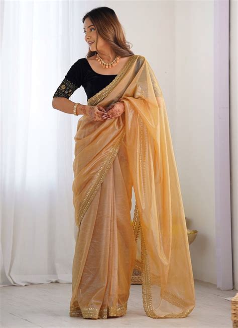 embroidered gold tissue casual contemporary saree party wear sarees