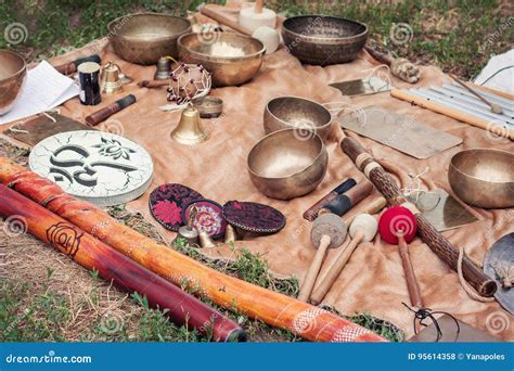 Tibetan Bowls and Other Musical Instruments Stock Photo - Image of gold ...
