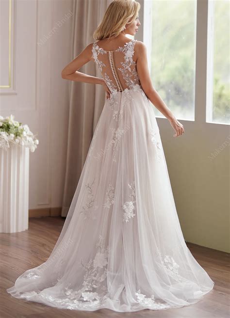 Wedding Dress Romantic Beaded Lace Illusion Back Bridal Gown – Tulle