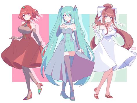 hatsune miku, pyra, and monika (vocaloid and 3 more) drawn by