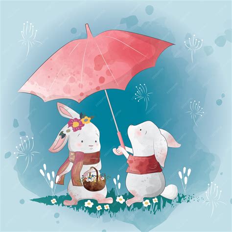 Premium Vector | Bunny love in the rain