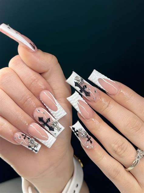 Chrome heart French nails | Long nails, Square acrylic nails, Girly