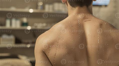 A patients back covered in a gridlike pattern of cupping marks