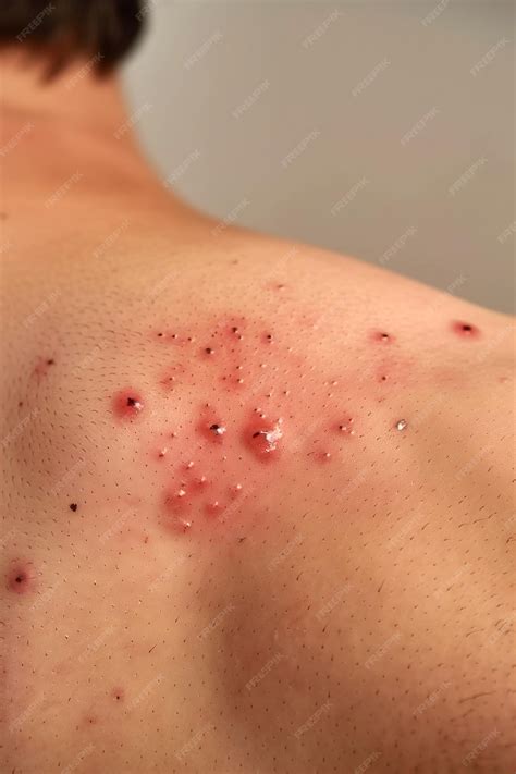 Detailed view of a red inflamed skin rash on a persons back discomfort