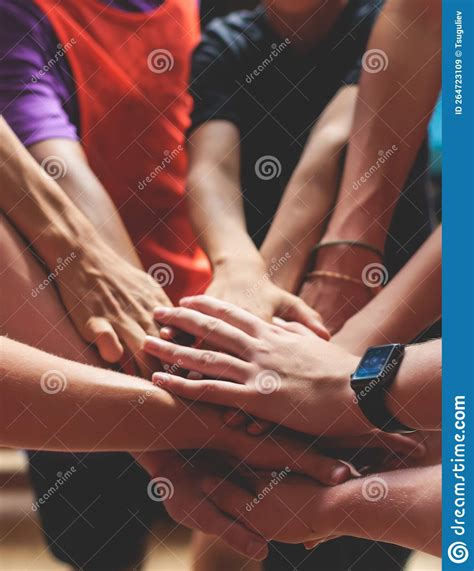 Team of Kids Children Basketball Players Stacking Hands in the Court ...