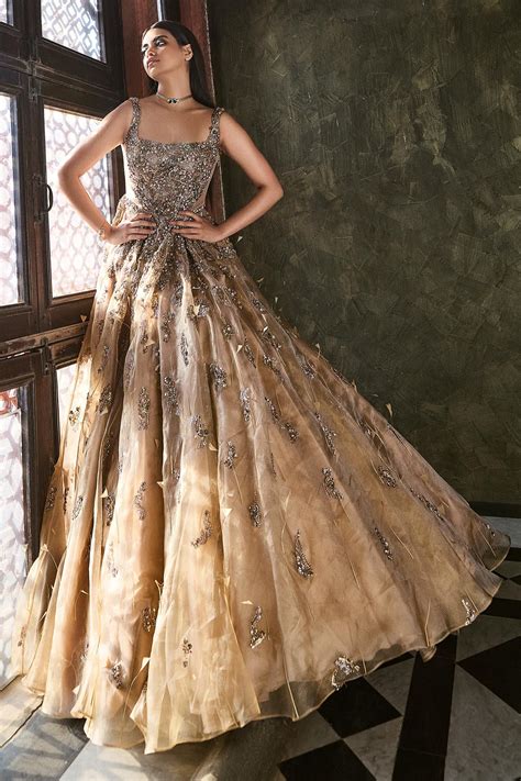 Buy Gold Organza Embroidery Sequins Asymmetric Embellished Bridal Gown