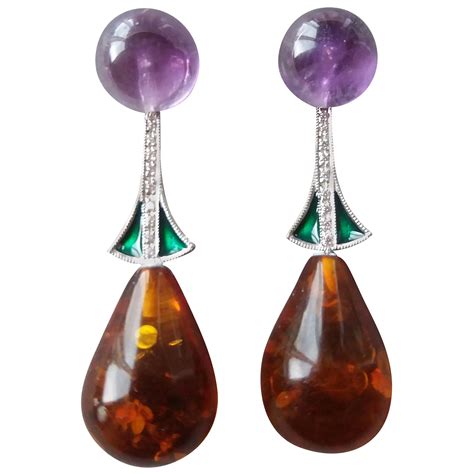 Amethyst 14K White Gold Green Enamel Diamonds Amber Drop Earrings For