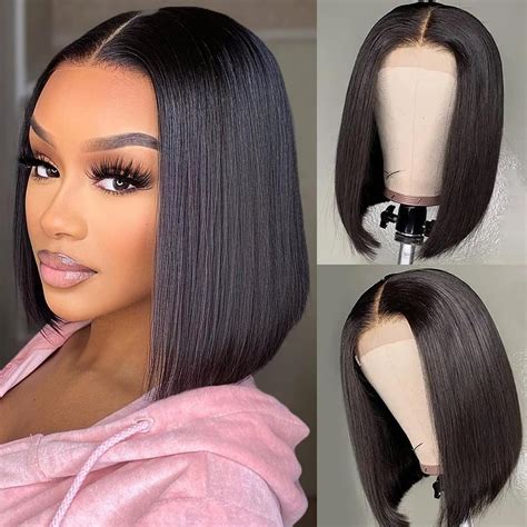 Amazon.com: Daikemei Short Bob Wigs Human Hair 13x4 HD Lace Front Wigs ...