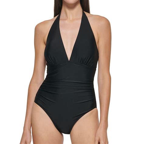 DKNY Women's Tummy Control One Piece Swimsuit, Halter Neckline Bathing