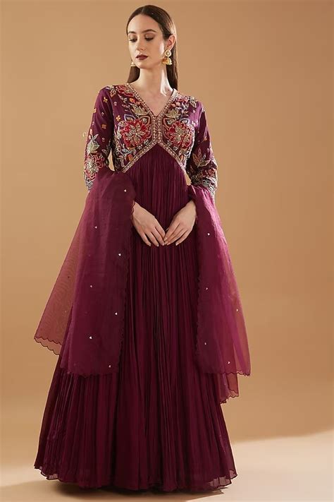 wine georgette embroidered anarkali set design  baidehi  pernias