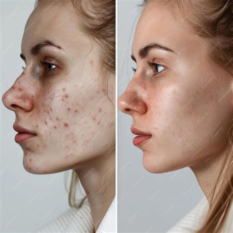 Tratamento da acne antes e depois da mulher afetada e pele saudável em
