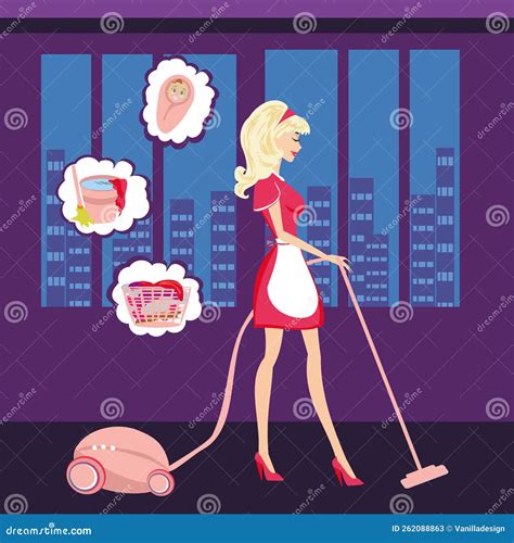 Beautiful Blonde Housewife Cleans the Room Stock Vector - Illustration