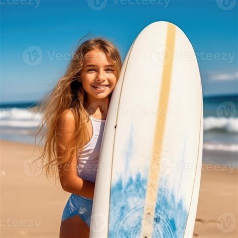 young teenager girl  swimsuit holding supboard   beach