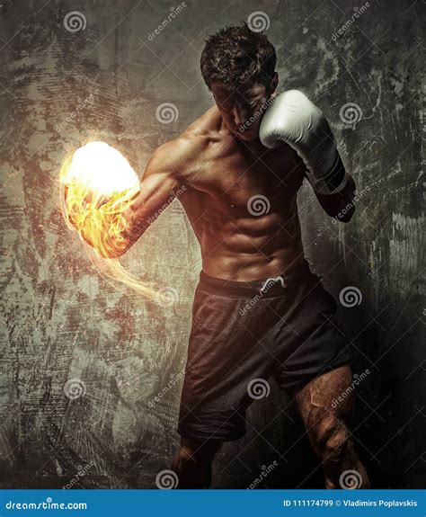 Fighter with Naked Torso Poses in Studio. Stock Image - Image of