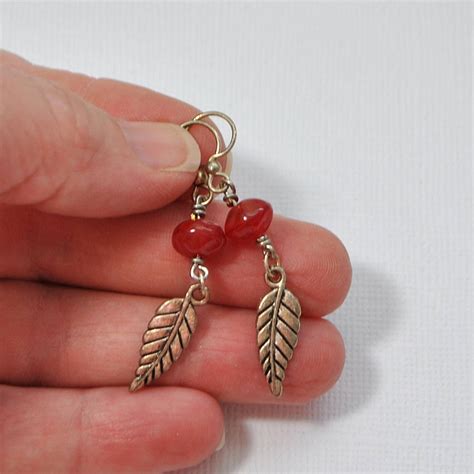 Feather Earrings, Dangle Earrings, 2 inch Earrings, Red Silver Handmade