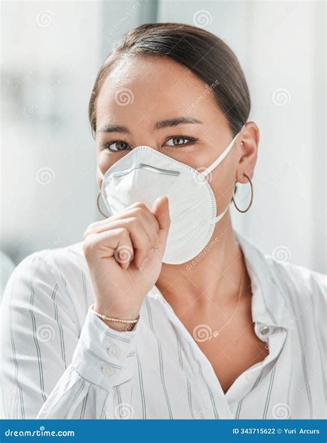 Cough, Portrait and Face Mask with Business Woman for Air Quality