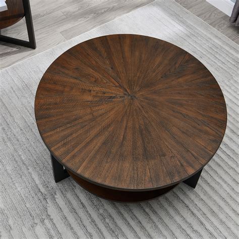 JESONVID 35" Round Coffee Table, Solid Wood Coffee Table with Storage