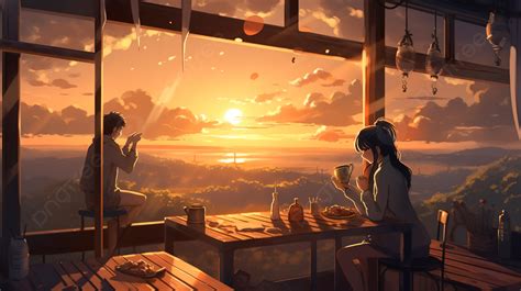 An Anime Couple Sitting In Front Of A Window Watching The Sunset Inside ...
