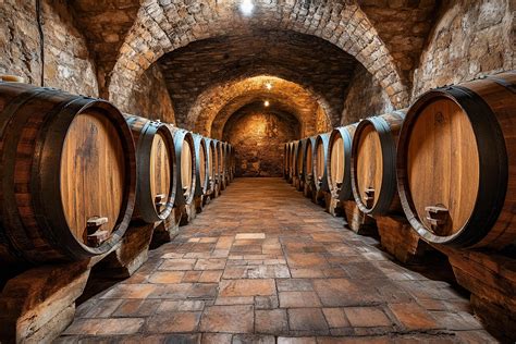 Historic wine cellar with oak barrels and stone arches underground
