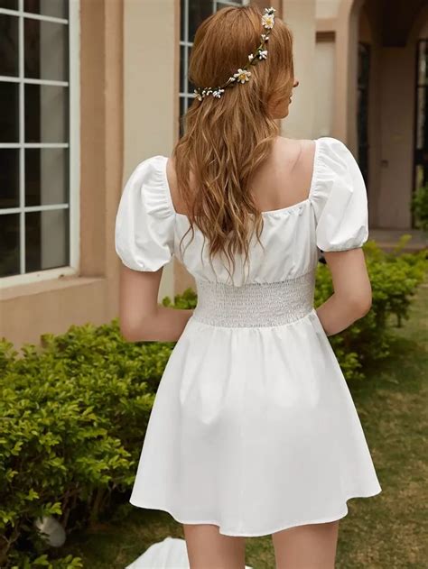 puff sleeve shirred panel dress
