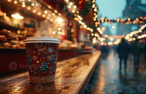 A cozy Christmas market stall offering steaming hot coffee, festive