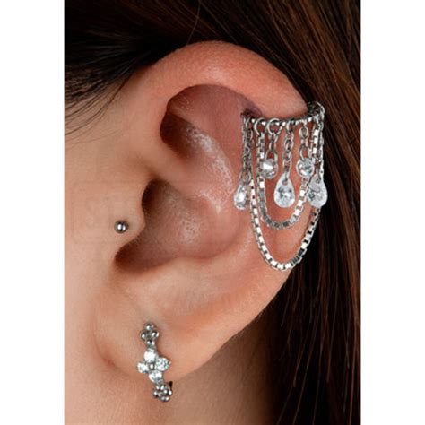 Helix Piercing with Zirconia Teardrop Crystals and Chains - Piercings Works