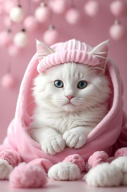 Premium AI Image | Adorable little white fluffy cat with pink hat ...