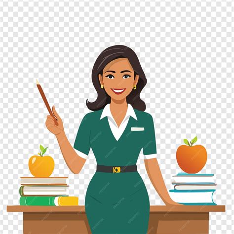 Una maestra con un lápiz y una manzana y libros en su escritorio