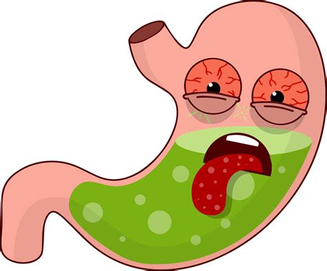 Human stomach. Angry sad face with eye, tongue and mouth. Problems with