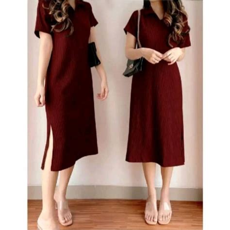 jual ma maula dress kerah knit hornet tebal long tunik kerah