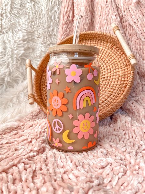Retro groovy flowers aesthetic beer can shaped glass cute boho peace