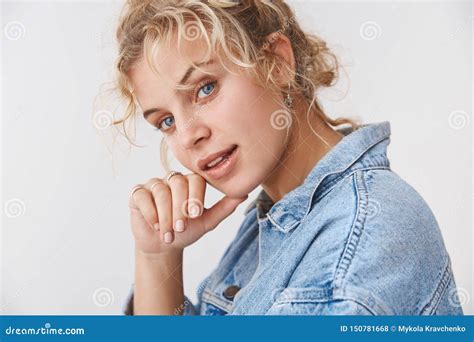 Stylish Attractive Sassy Blond Blue Eyed Young 20s Woman Wearing Denim ...