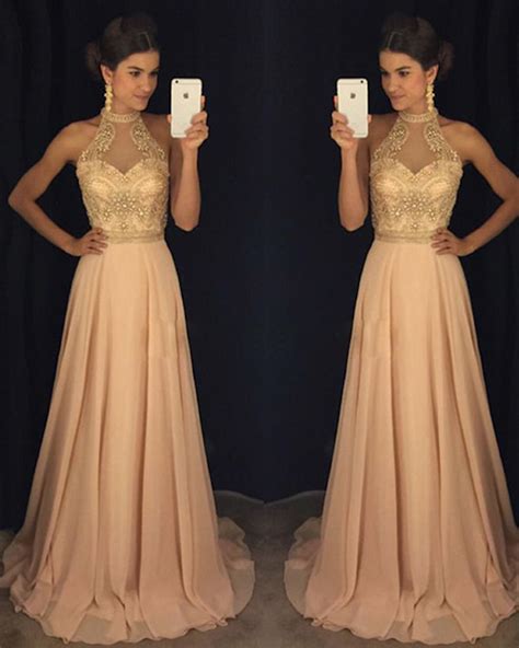 Champagne Prom Dresses,high Neck Long Prom Dress, Evening Dress, Formal ...