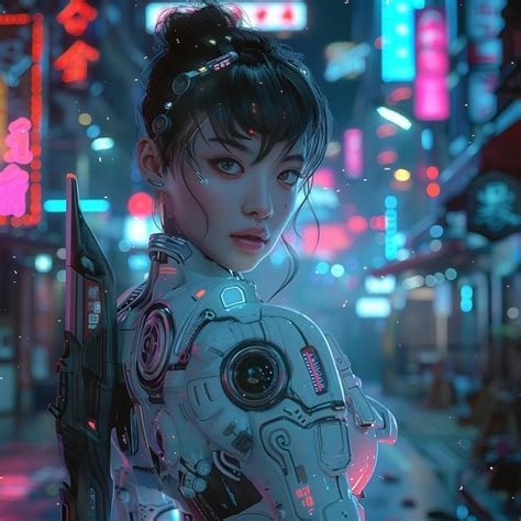 cyber girl   gun   city  night generative ai premium ai