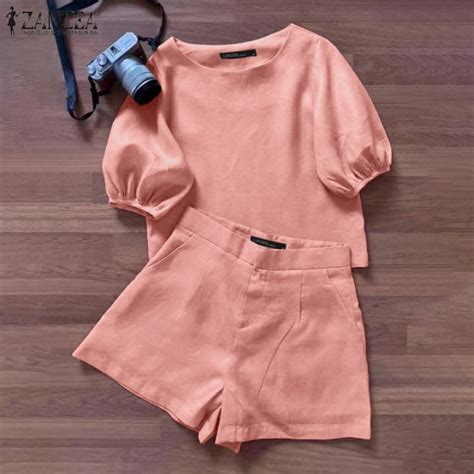 ZANZEA ชุดฝ้ายลินินสตรีแขนพัฟกางเกงขาสั้นเอไลน์เสื้อยืดคอกลมหลวมชุด ...