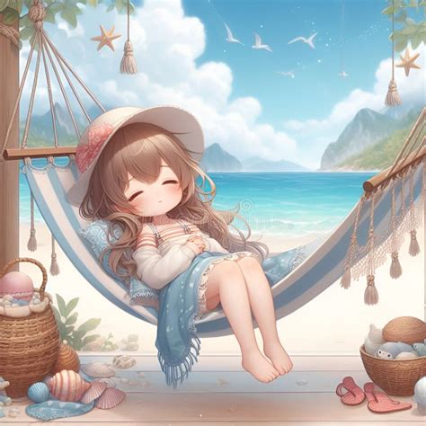 A Cute Anime Girl Sleeping on a Hanging Hammock, Casual Cloths, White Sandy Beach, Blue Sea ...