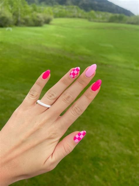 by Rebekah Cowdell on Nail Polish Ideas | Checkered nails, Pink ...
