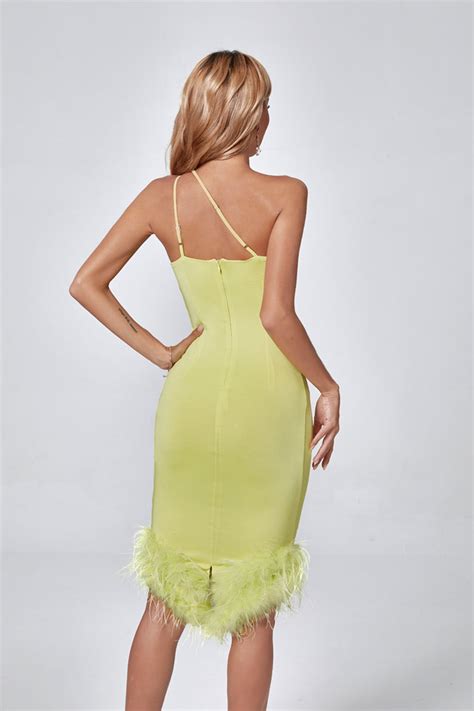 Light Green One Shoulder Midi Feather Dress