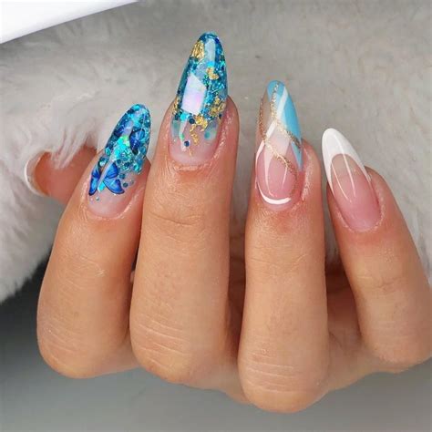 Unha Em Gel Azul E Branco