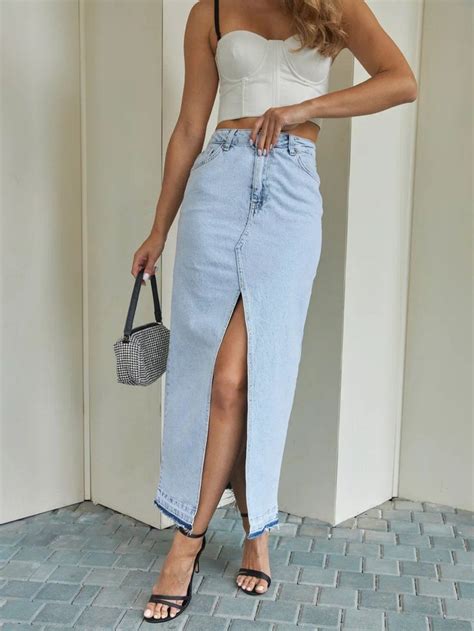 Джинсовая юбка макси с разрезом | Denim skirt outfits, Long skirt looks ...