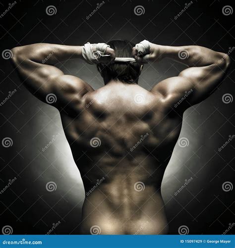 Two Naked Athlete With Strong Body. Shirtless Hunks At Black Background