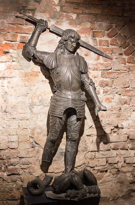RIGA, LATVIA - January, 2018: Statue of Saint George Defeating a Dragon ...