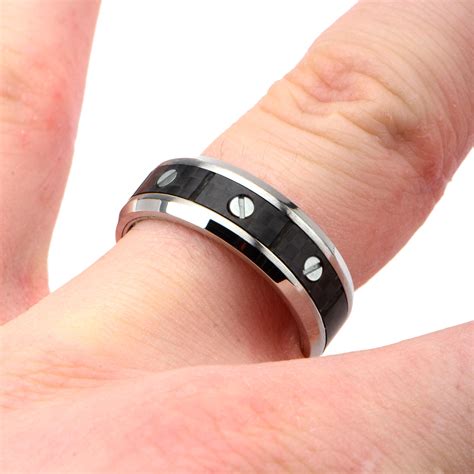 Stainless Steel + Solid Carbon Fiber Screw Ring // Silver + Black (Ring