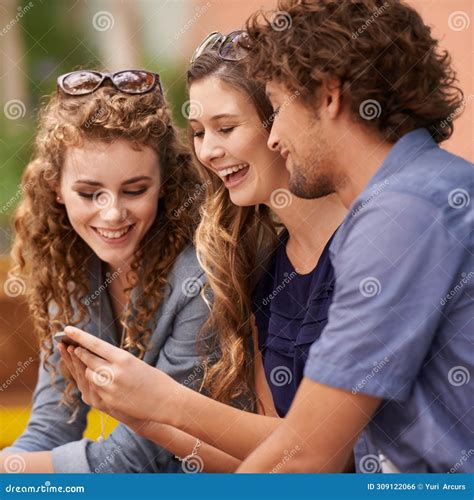 Friends, Laughing and Talking with Cellphone for Social Media, Internet