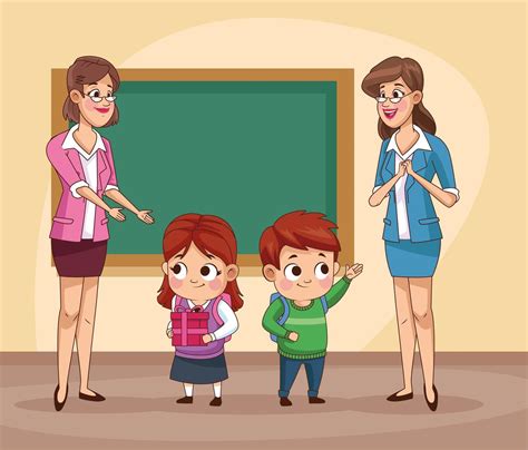 par de pequeños estudiantes niños con maestro en el aula 2526764 Vector ...